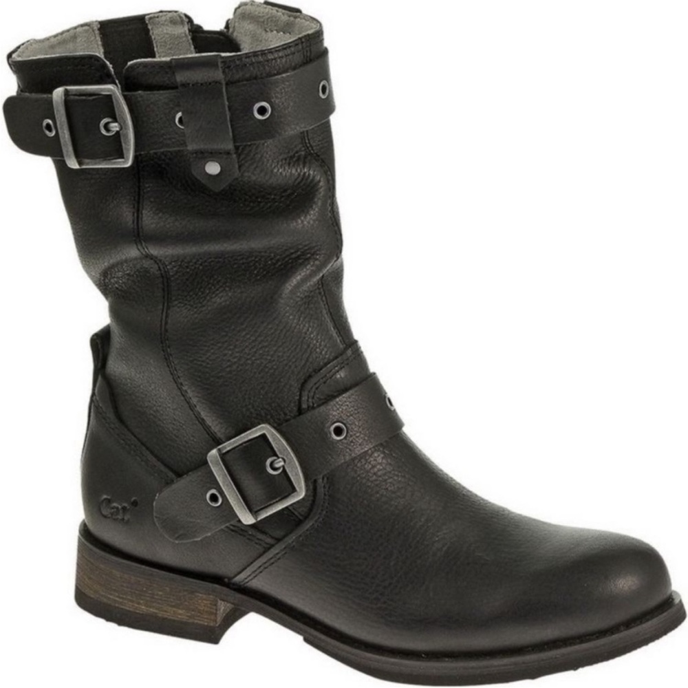 GUC CAT Caterpillar Women’s Black Leather Motorcycle Buckle Boots SZ 8